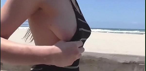  Exhibitionist Girl Shows Boobs And Pussy At The Beach